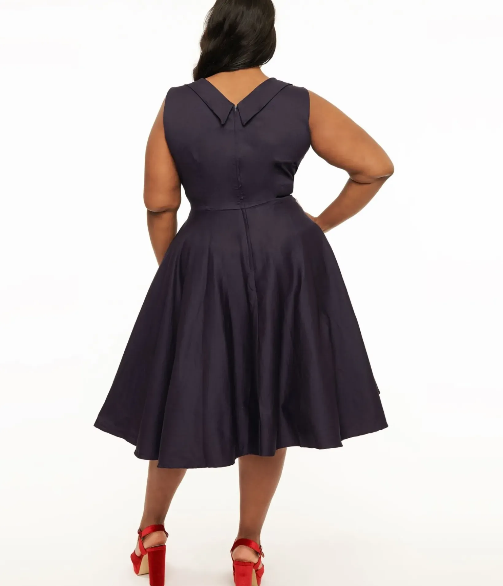 Unique Vintage Swing|Midi>Dolly & Dotty 1950s Navy & Red Grace Swing Dress