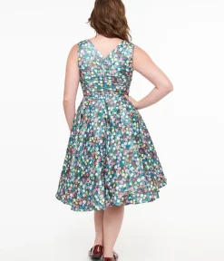 Unique Vintage Swing|Swing>Dolly & Dotty 1950s Navy & Rose Print Grace Swing Dress
