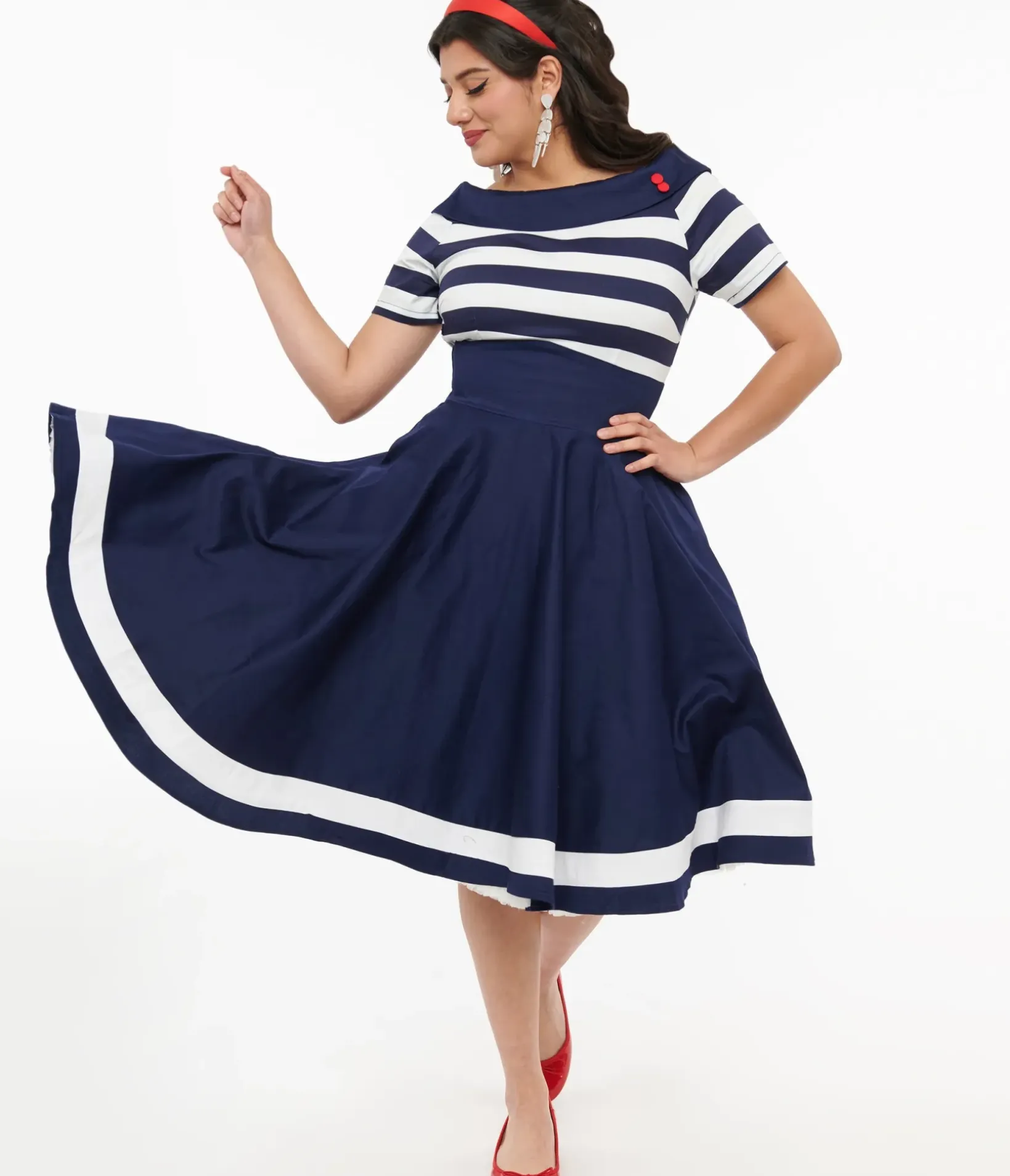 Unique Vintage Swing|Everyday Dresses>Dolly & Dotty 1950s Navy & White Striped Sailor Swing Dress