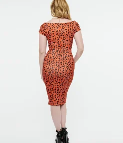 Unique Vintage Pencil|Pencil>Dolly & Dotty 1950s Orange Cheetah Print Beryl Wiggle Dress