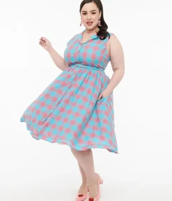 Unique Vintage Swing|Pocket Dresses>Dolly & Dotty 1950s Pink & Blue Gingham Cotton Swing Dress
