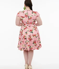 Unique Vintage Swing|Swing>Dolly & Dotty 1950s Pink Strawberry Print Claudia Swing Dress