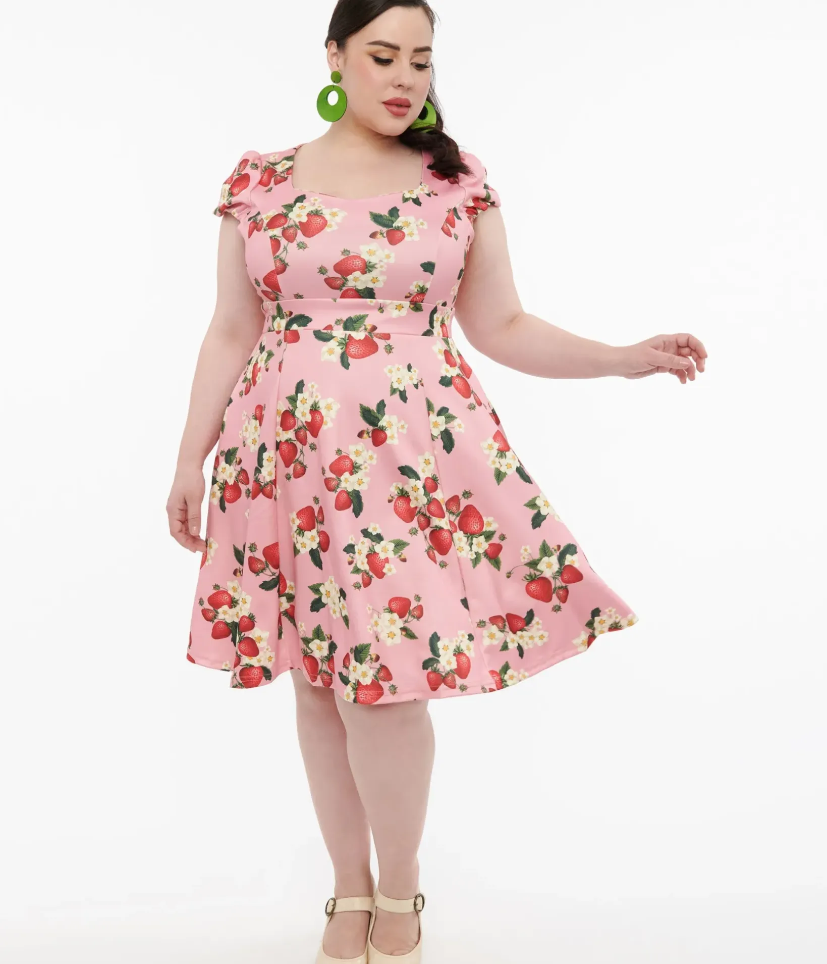 Unique Vintage Swing|Swing>Dolly & Dotty 1950s Pink Strawberry Print Claudia Swing Dress