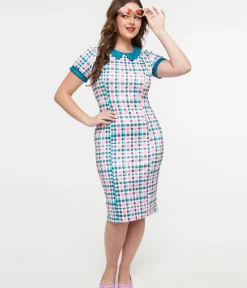 Unique Vintage Pencil|Pencil>Dolly & Dotty 1950s Pink & Teal Plaid Toni Pencil Dress