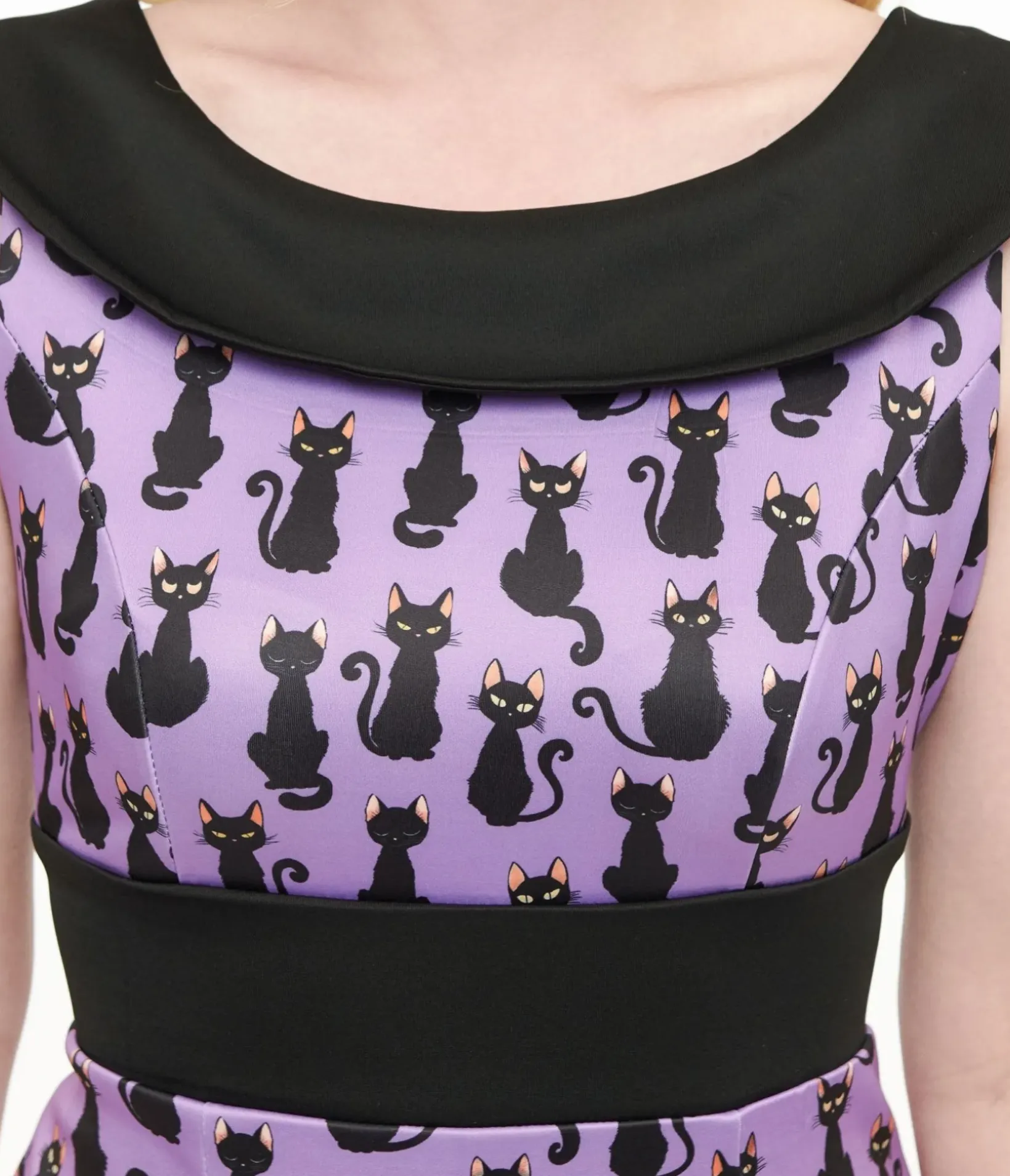 Unique Vintage Pencil|Pencil>Dolly & Dotty 1950s Purple & Black Cat Print Darla Wiggle Dress