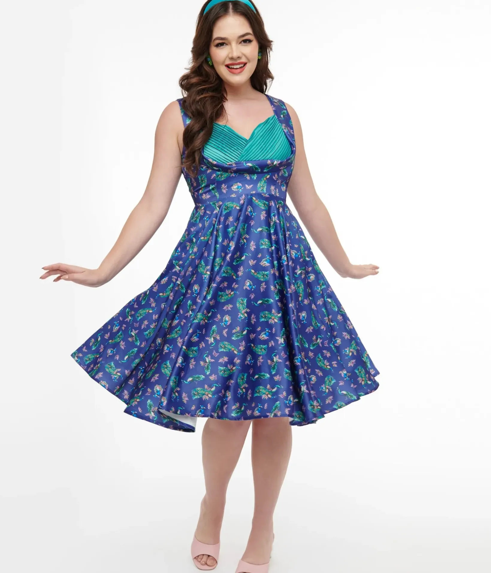 Unique Vintage Swing|Swing>Dolly & Dotty 1950s Purple & Teal Peacock Print Grace Swing Dress