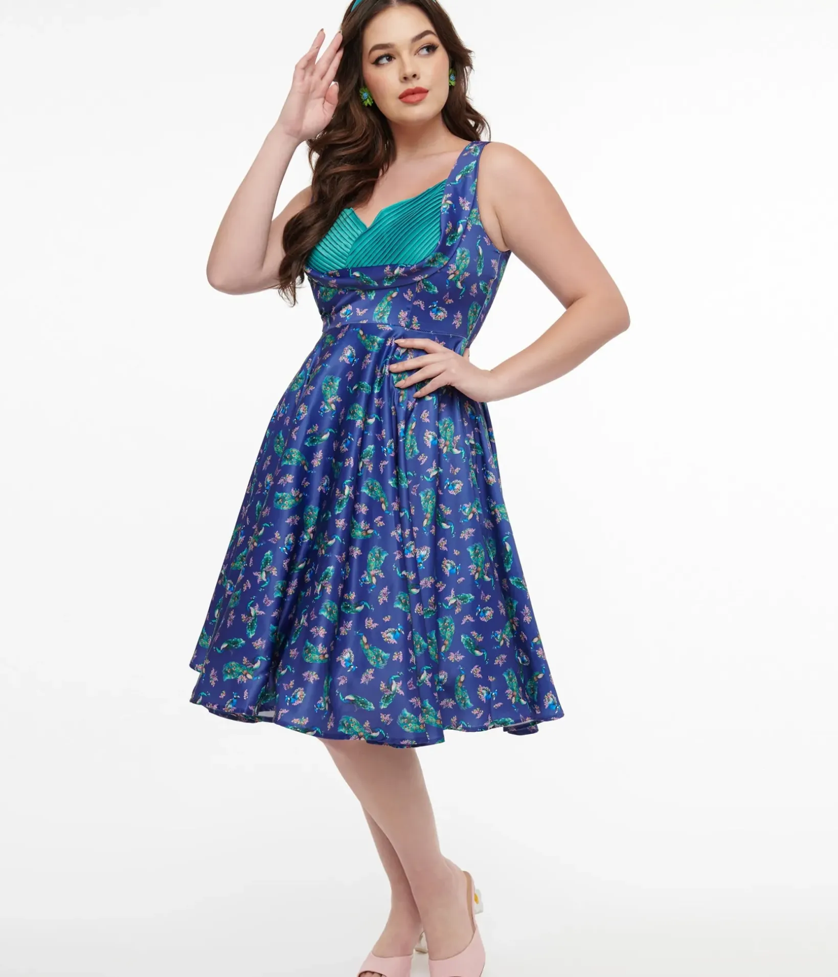 Unique Vintage Swing|Swing>Dolly & Dotty 1950s Purple & Teal Peacock Print Grace Swing Dress