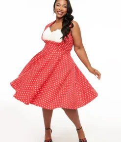 Unique Vintage Swing|Midi>Dolly & Dotty 1950s Red Polka Dot Grace Swing Dress