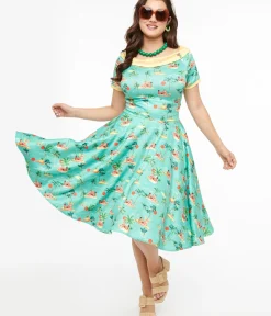 Unique Vintage Swing|Swing>Dolly & Dotty 1950s Sea Blue Island Pinup Couple Print Darlene Swing Dress