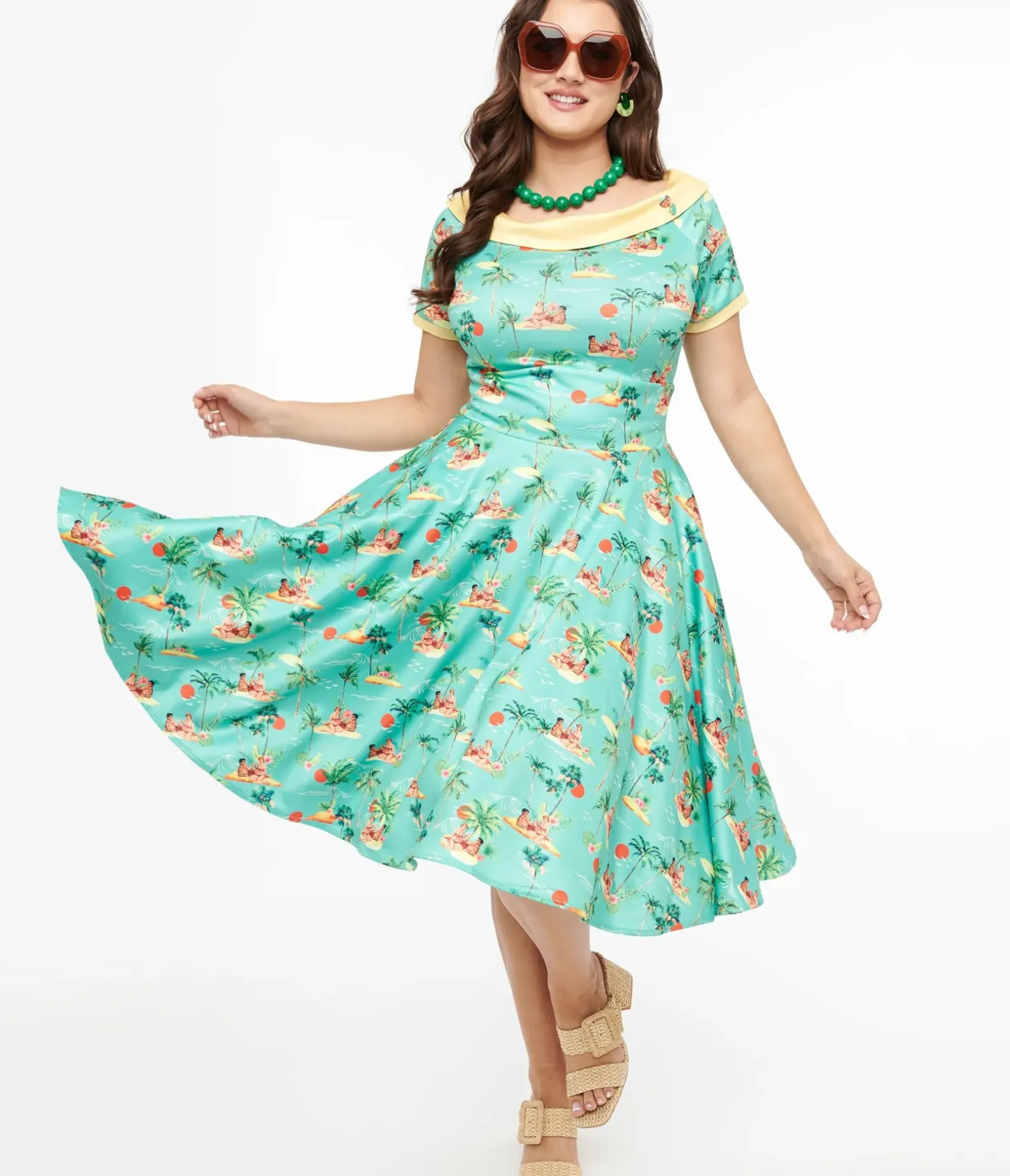 Unique Vintage Swing|Swing>Dolly & Dotty 1950s Sea Blue Island Pinup Couple Print Darlene Swing Dress