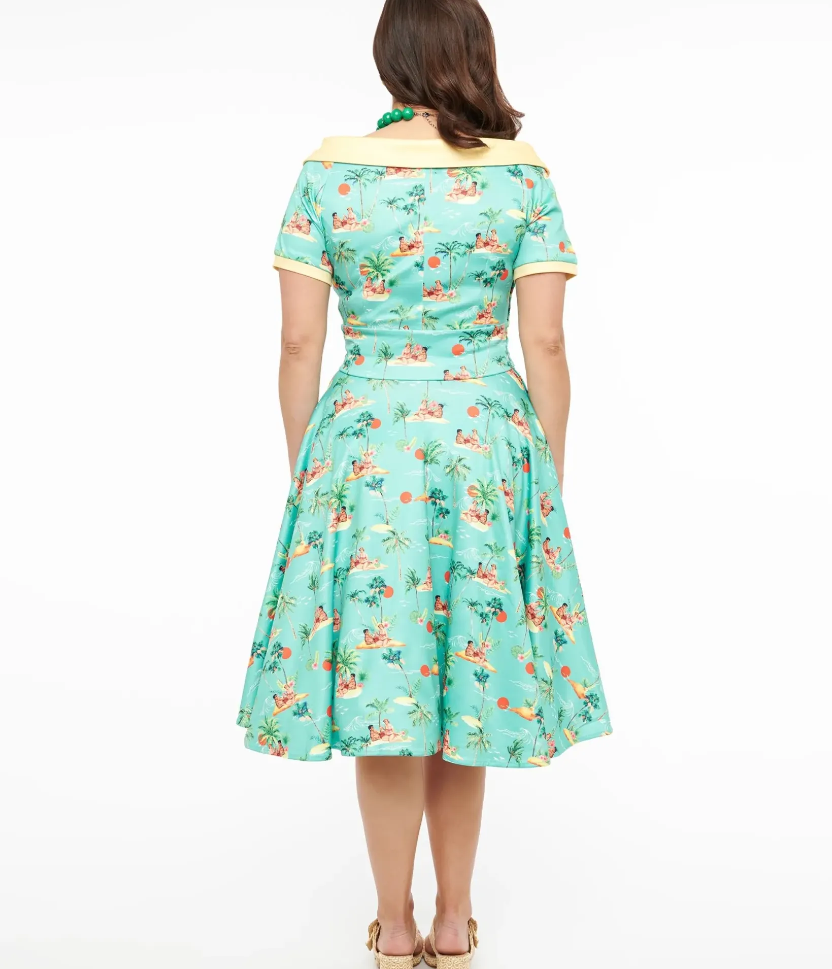 Unique Vintage Swing|Swing>Dolly & Dotty 1950s Sea Blue Island Pinup Couple Print Darlene Swing Dress