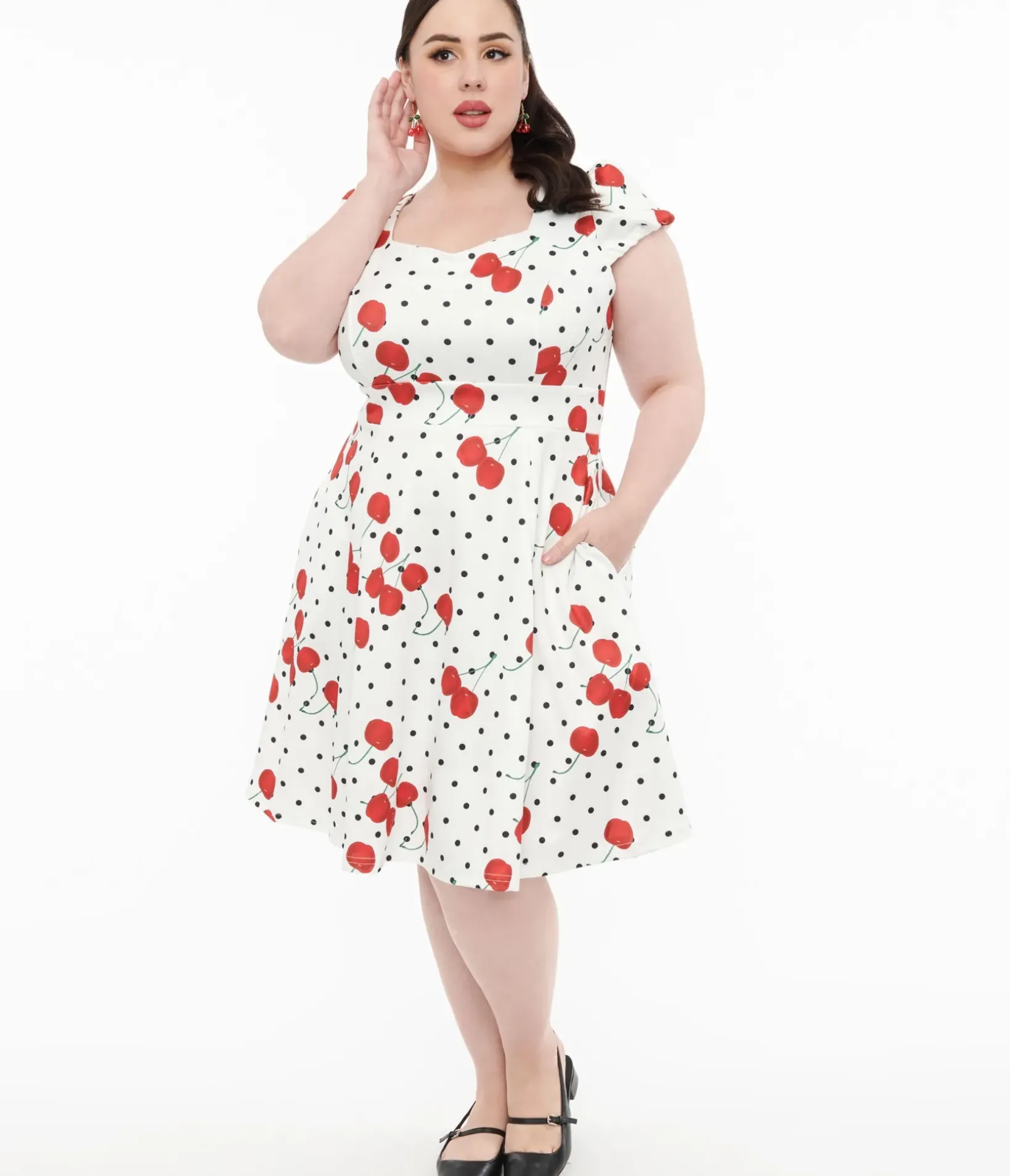 Unique Vintage Swing|Pocket Dresses>Dolly & Dotty 1950s White Polka Dot Cherry Swing Dress