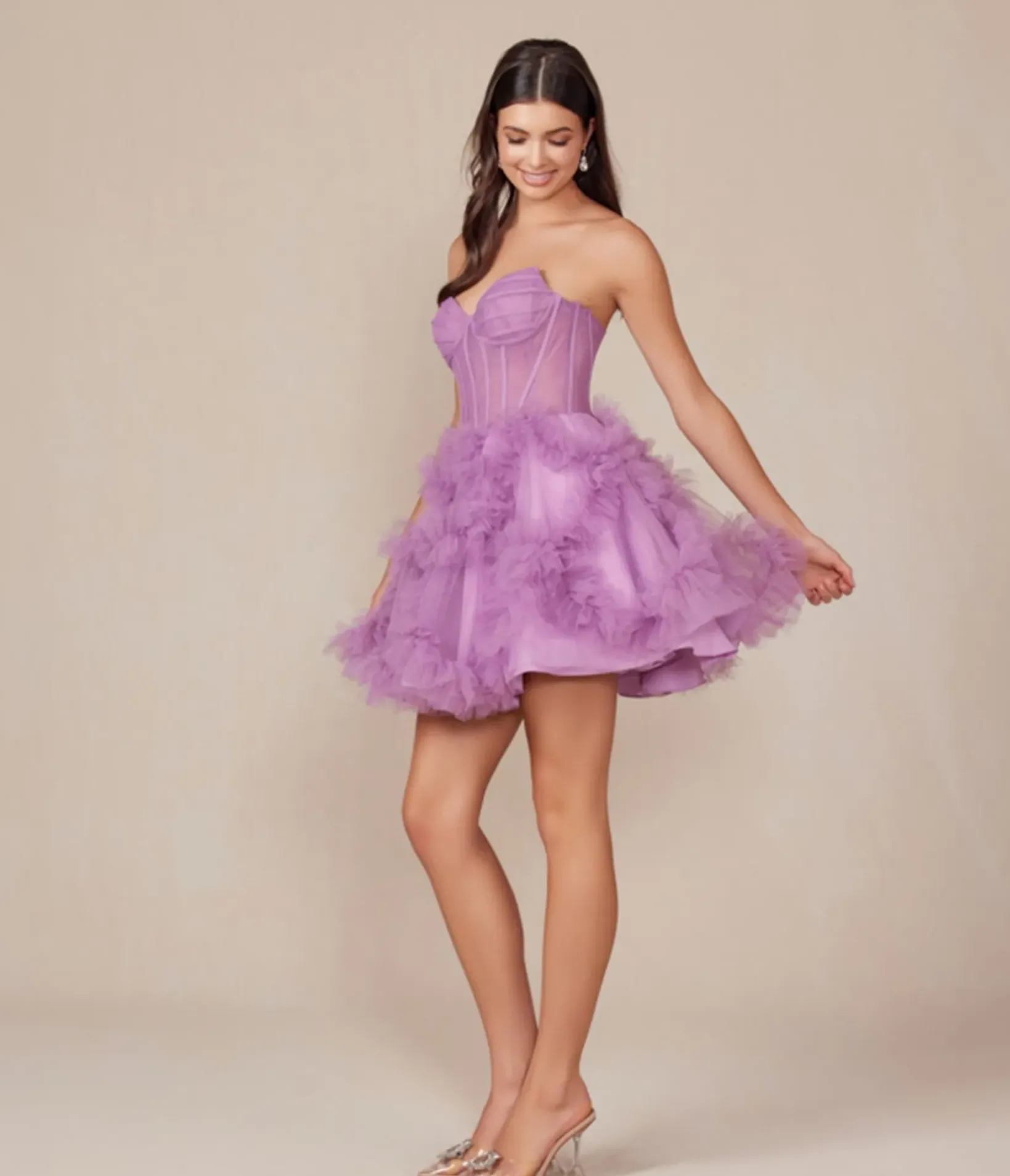 Unique Vintage Special Occasion|Prom Dresses>Dusty Lavender Ruffled Strapless A-Line Prom Dress