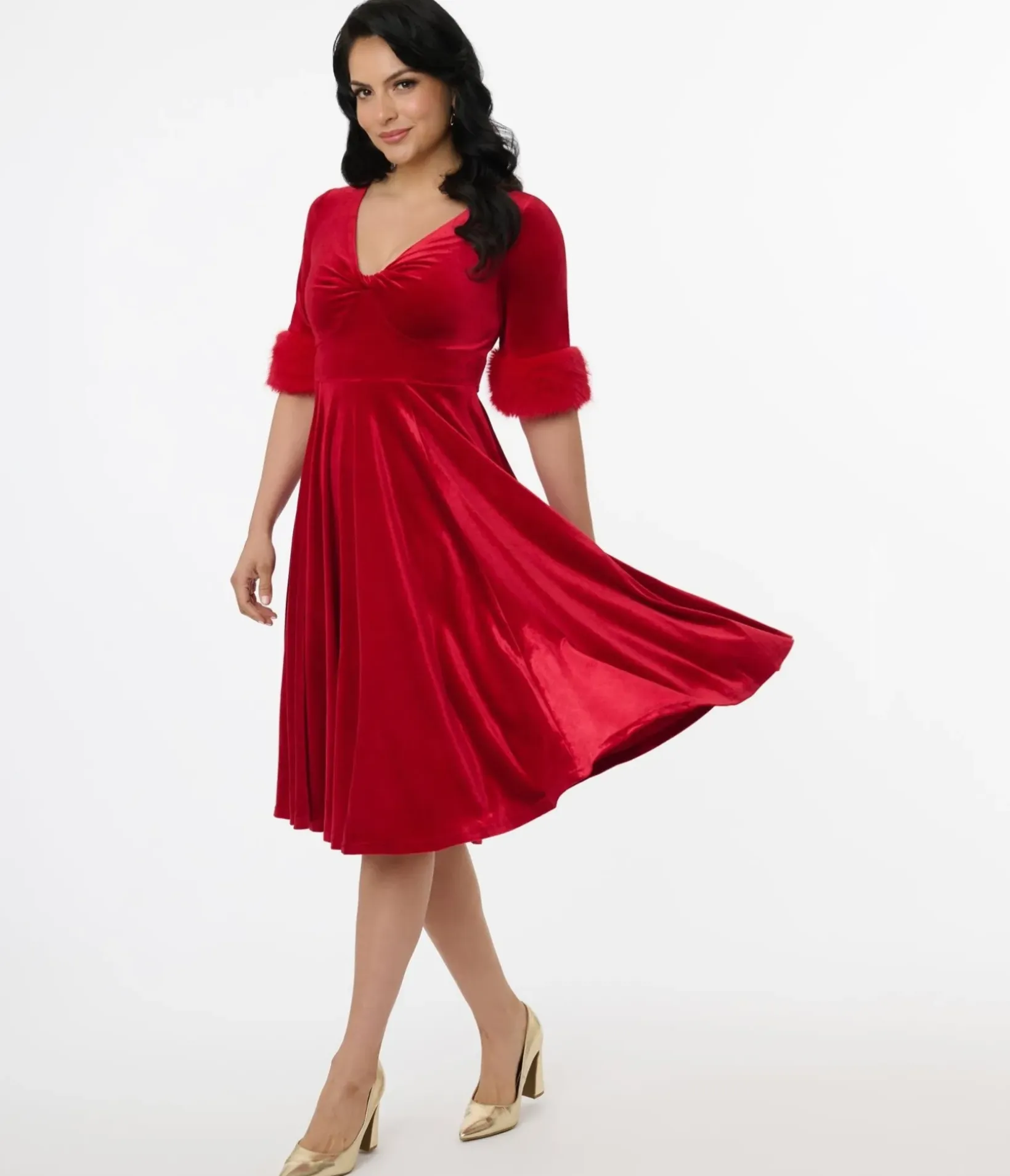 Unique Vintage Swing|Swing>Elle Rebel Red Velvet Princess Grace Swing Dress