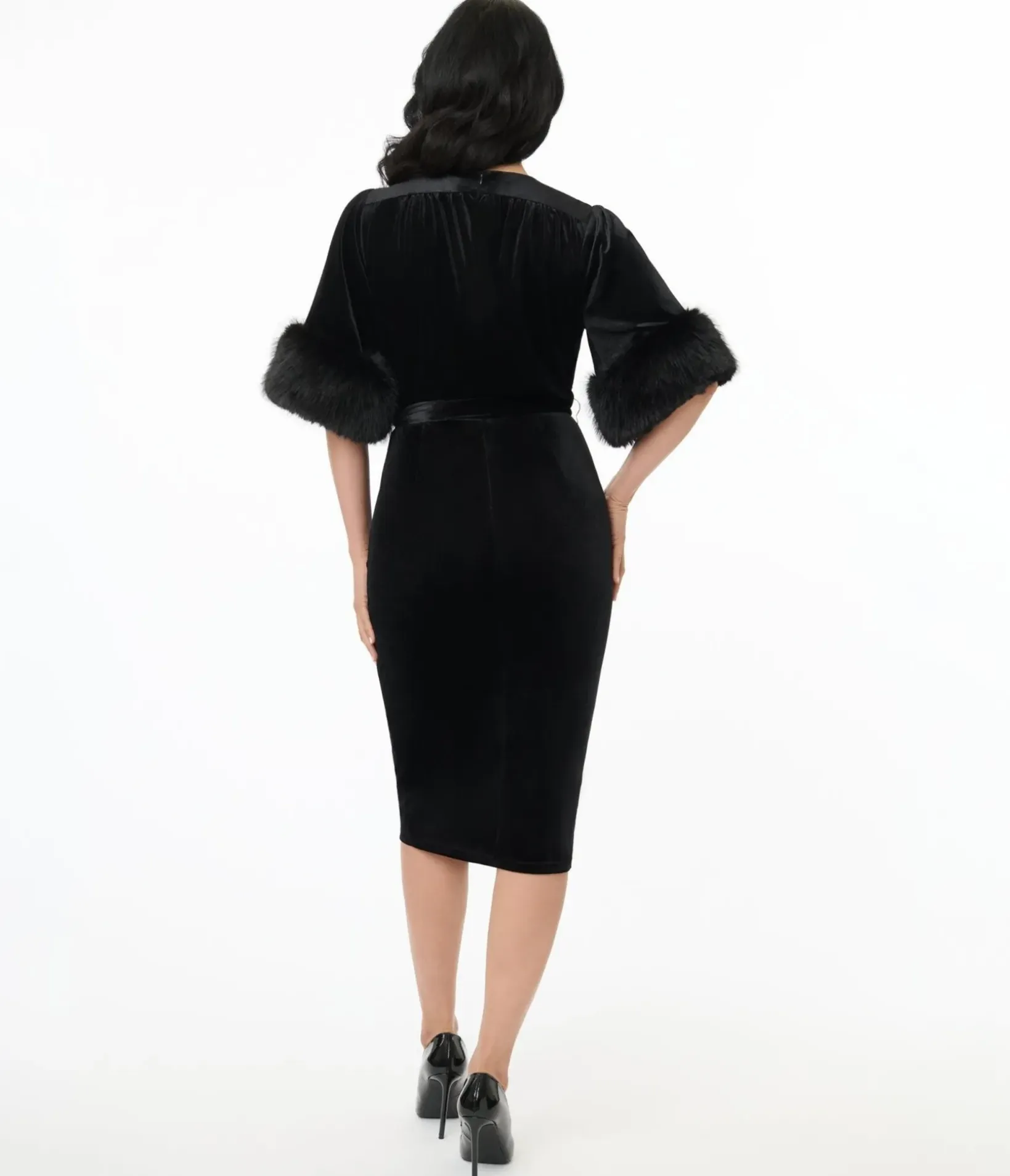 Unique Vintage Pencil|Pencil>Elle Rebel 1940s Black Velvet Fifth Avenue Wrap Pencil Dress