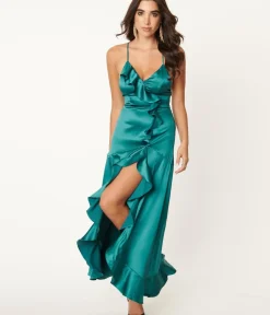 Unique Vintage Maxi>Emerald Green Satin Ruffle Maxi Dress