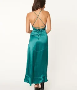 Unique Vintage Maxi>Emerald Green Satin Ruffle Maxi Dress