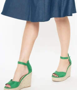 Unique Vintage Heels|Wedges>Emerald Suede Peep Toe Espadrille Wedges