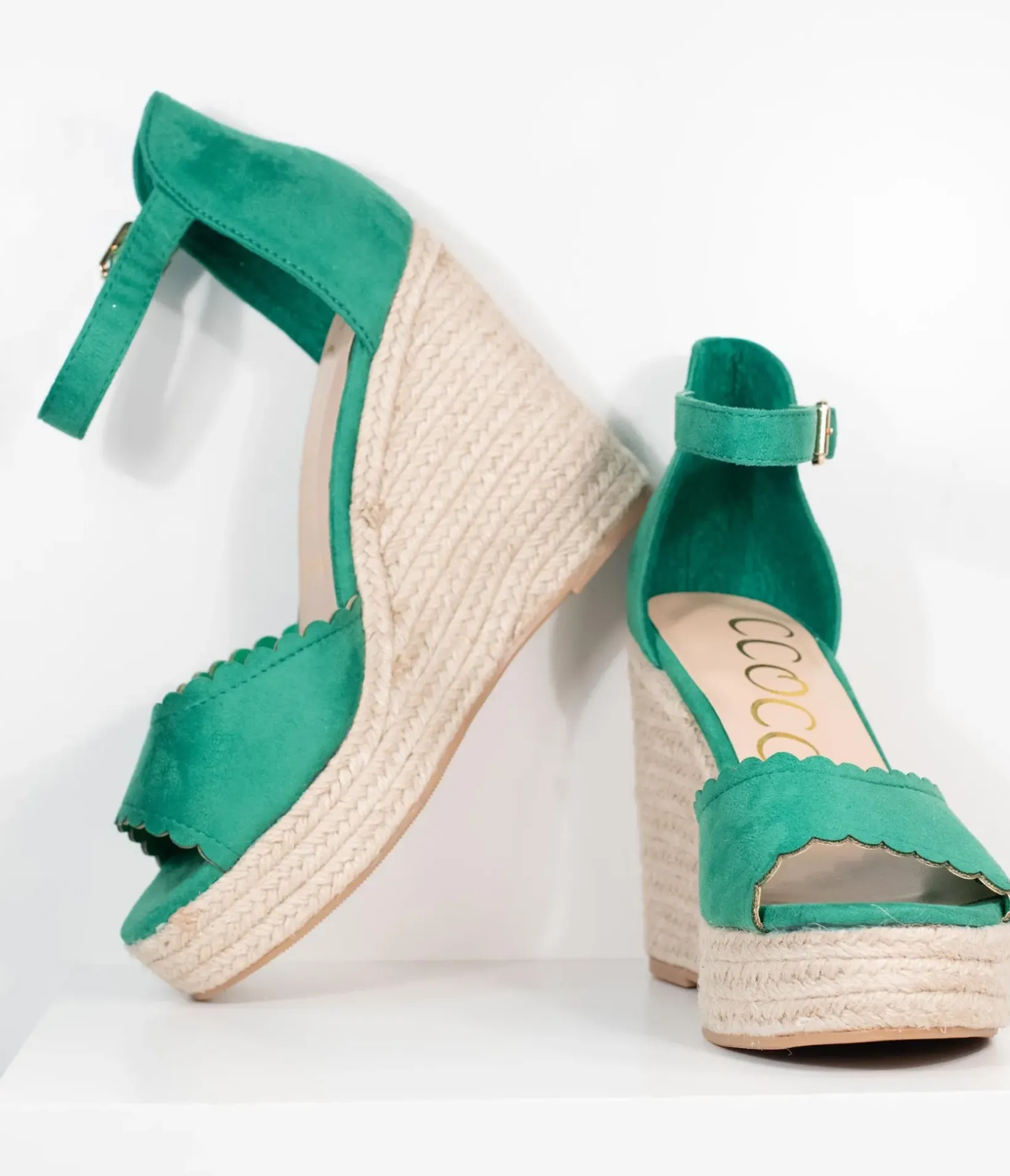 Unique Vintage Heels|Wedges>Emerald Suede Peep Toe Espadrille Wedges
