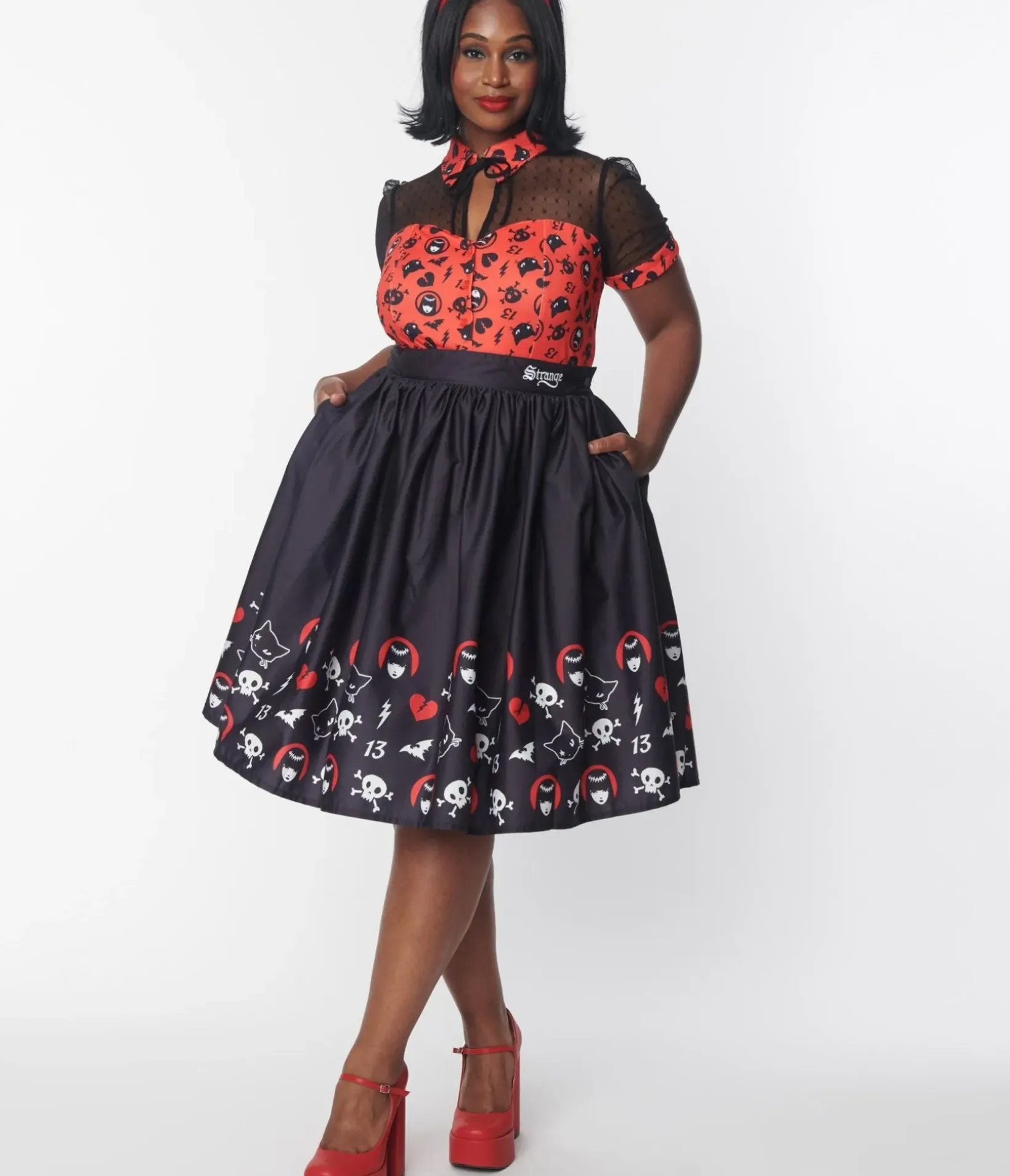 Unique Vintage All Things Black>Emily The Strange x Black & Emily Border Print Gellar Swing Skirt