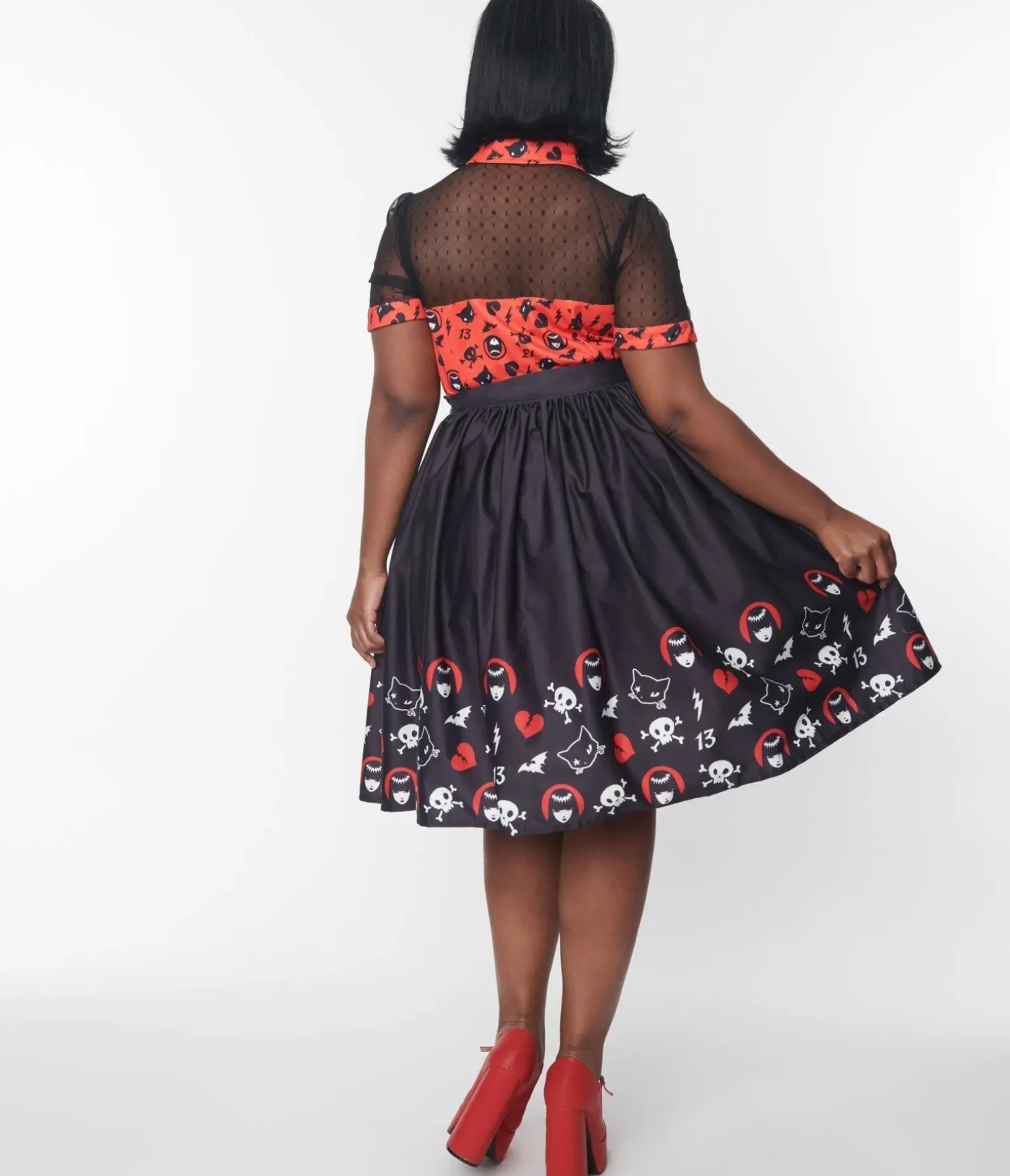 Unique Vintage All Things Black>Emily The Strange x Black & Emily Border Print Gellar Swing Skirt