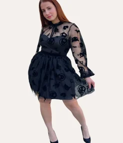 Unique Vintage All Things Black>Emily The Strange x Black Flocked Tulle Flare Dress