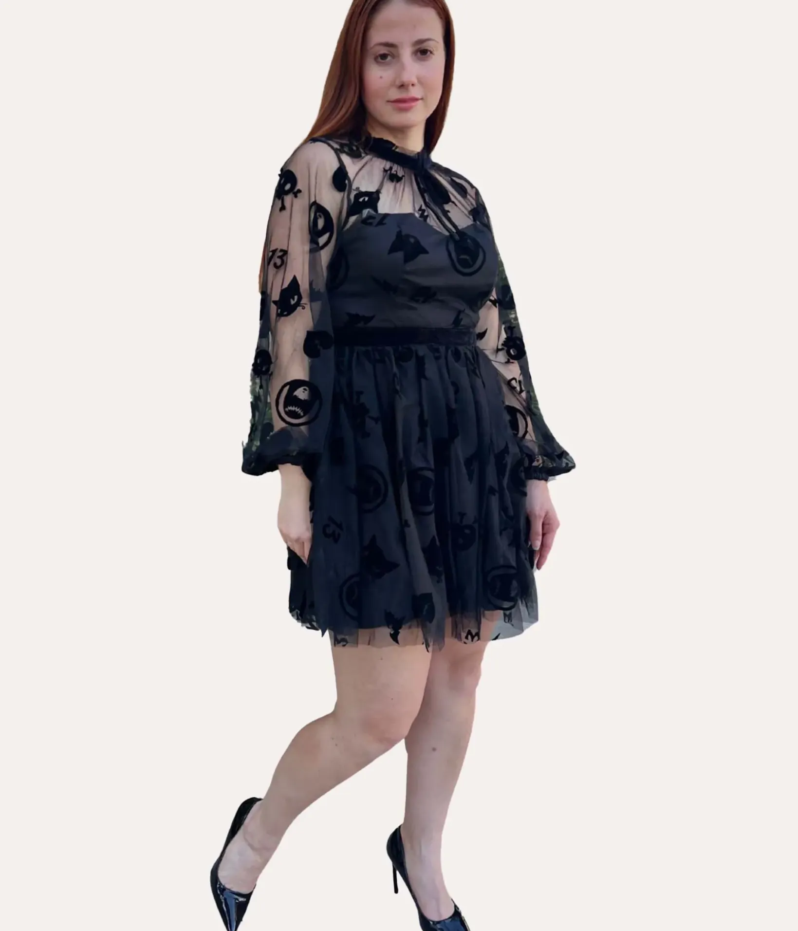 Unique Vintage All Things Black>Emily The Strange x Black Flocked Tulle Flare Dress