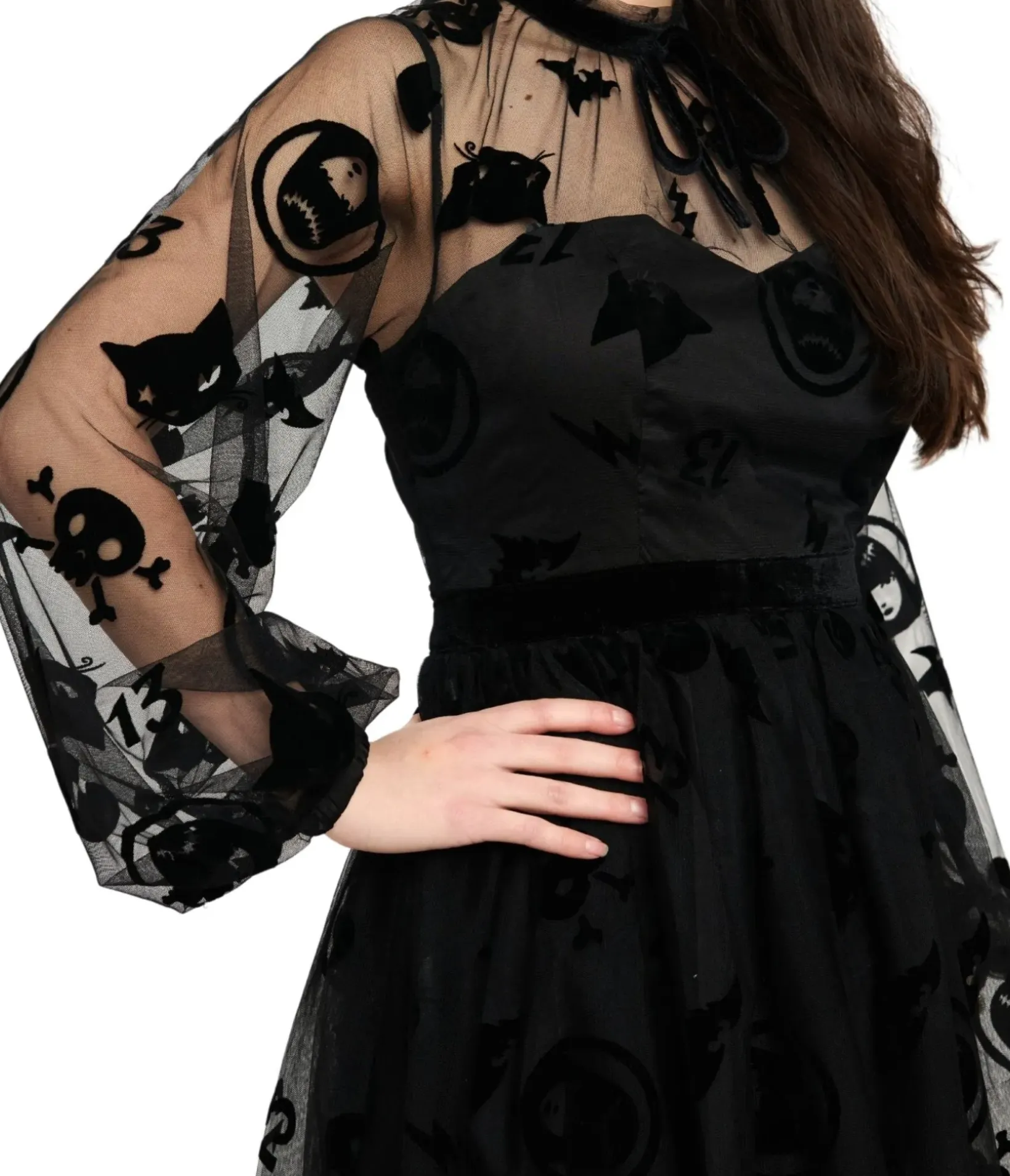 Unique Vintage All Things Black>Emily The Strange x Black Flocked Tulle Flare Dress