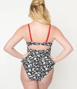 Unique Vintage Swim Tops|Two Piece Swim>Emily The Strange x Black & White Tankini Swim Top