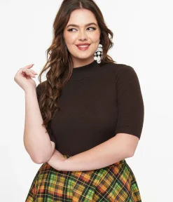 Unique Vintage Work Wear>Espresso Mock Neck Knit Top