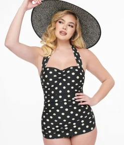 Unique Vintage One Piece Swim|One Piece Swim>Esther Williams 1950s Black & White Polka Dot One Piece Swimsuit
