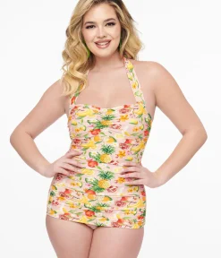 Unique Vintage One Piece Swim|Summer Vacation>Esther Williams 1950s Light Pink & Fruit Print One Piece Swimsuit