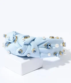 Unique Vintage Headbands>Faux Pearl & Blue Rhinestone Studded Baby Blue Knot Headband