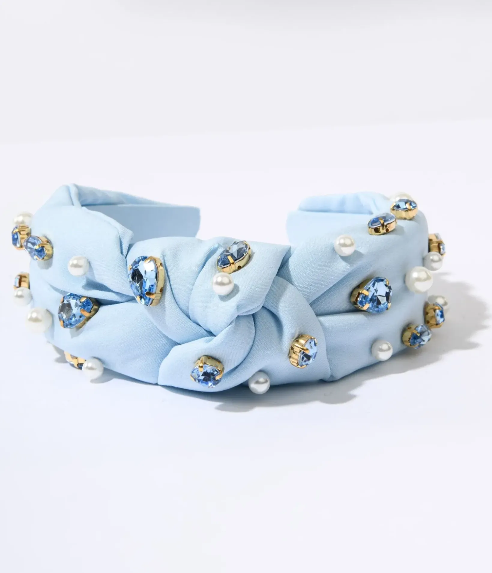 Unique Vintage Headbands>Faux Pearl & Blue Rhinestone Studded Baby Blue Knot Headband