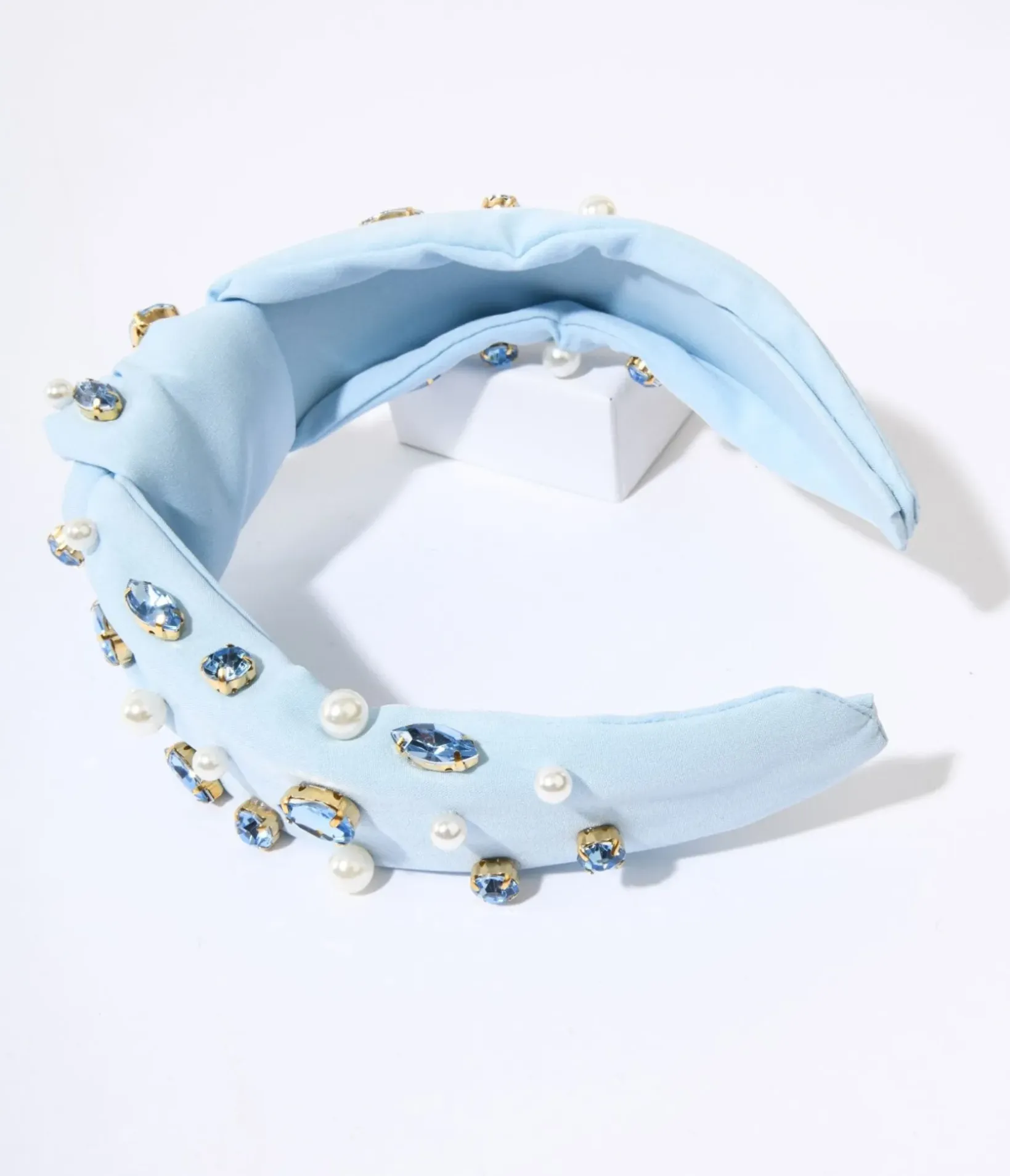 Unique Vintage Headbands>Faux Pearl & Blue Rhinestone Studded Baby Blue Knot Headband
