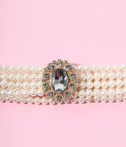 Unique Vintage Special Occasion|Prom Accessories>Faux Pearl & Rhinestone Buckle Cinch Belt