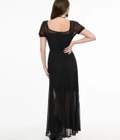 Unique Vintage Maxi|Midi & Maxi>Foxblood Black Sheer Mesh Lily Maxi Dress
