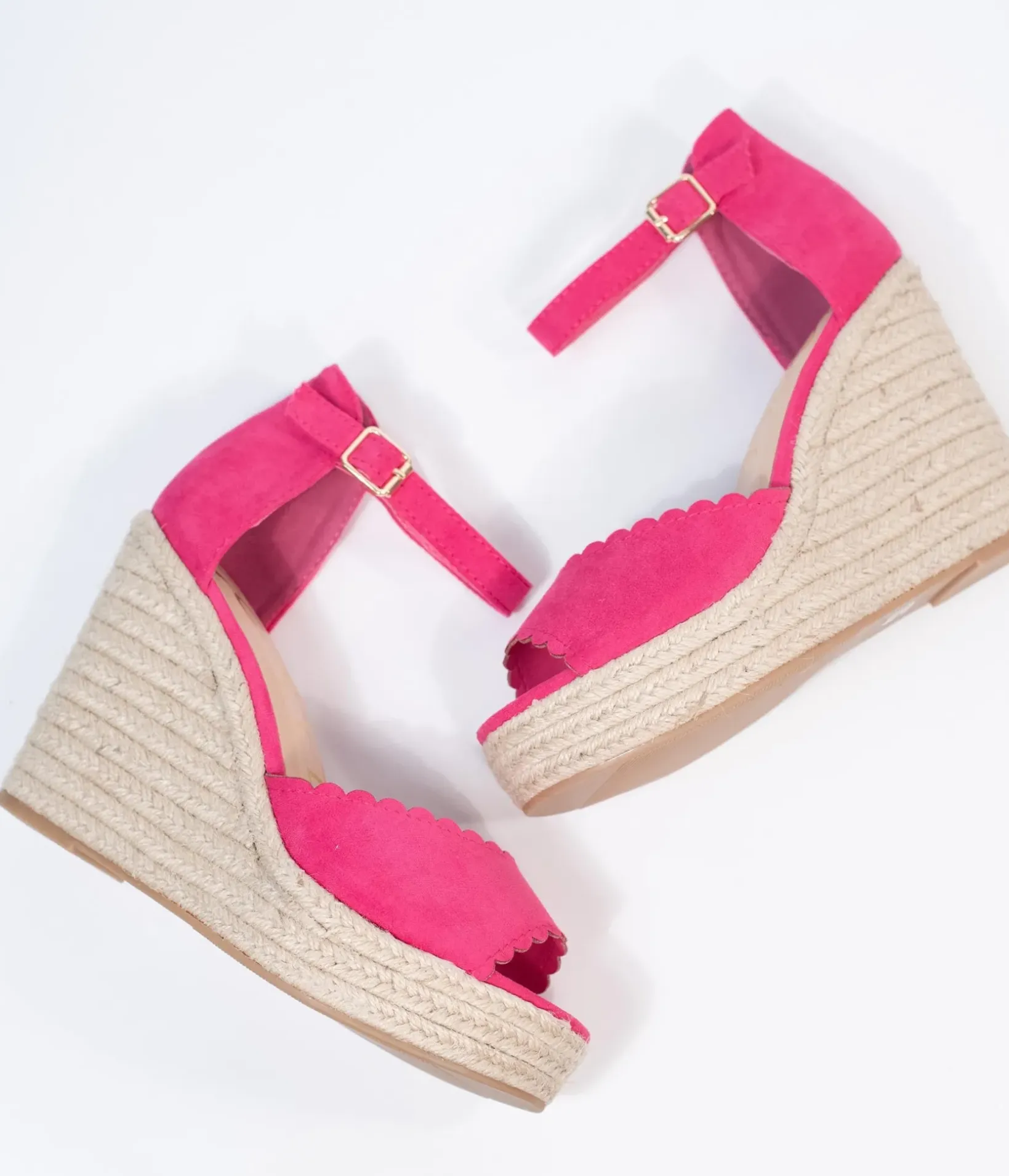 Unique Vintage Heels|Wedges>Fuchsia Suede Peep Toe Espadrille Wedges