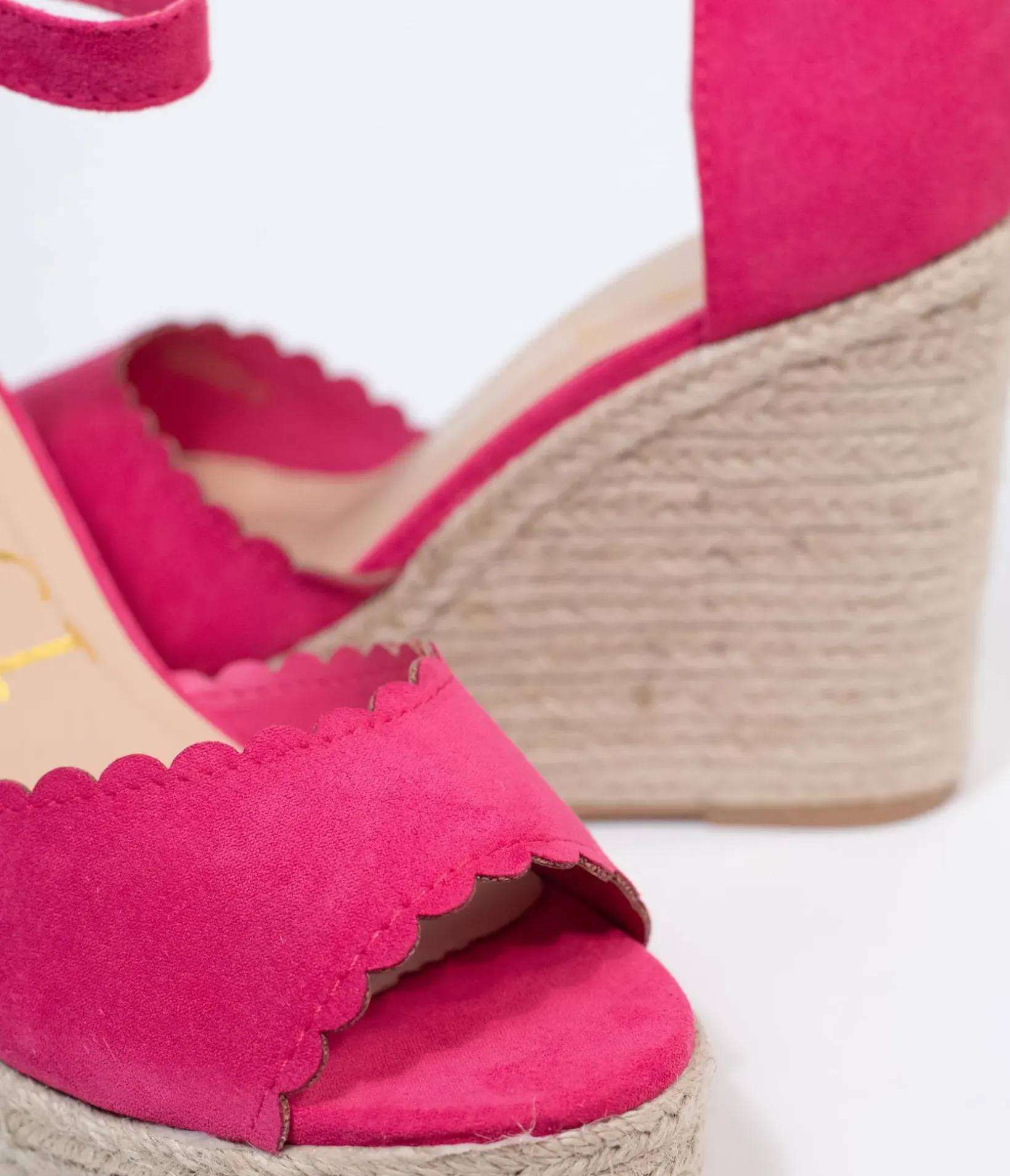 Unique Vintage Heels|Wedges>Fuchsia Suede Peep Toe Espadrille Wedges