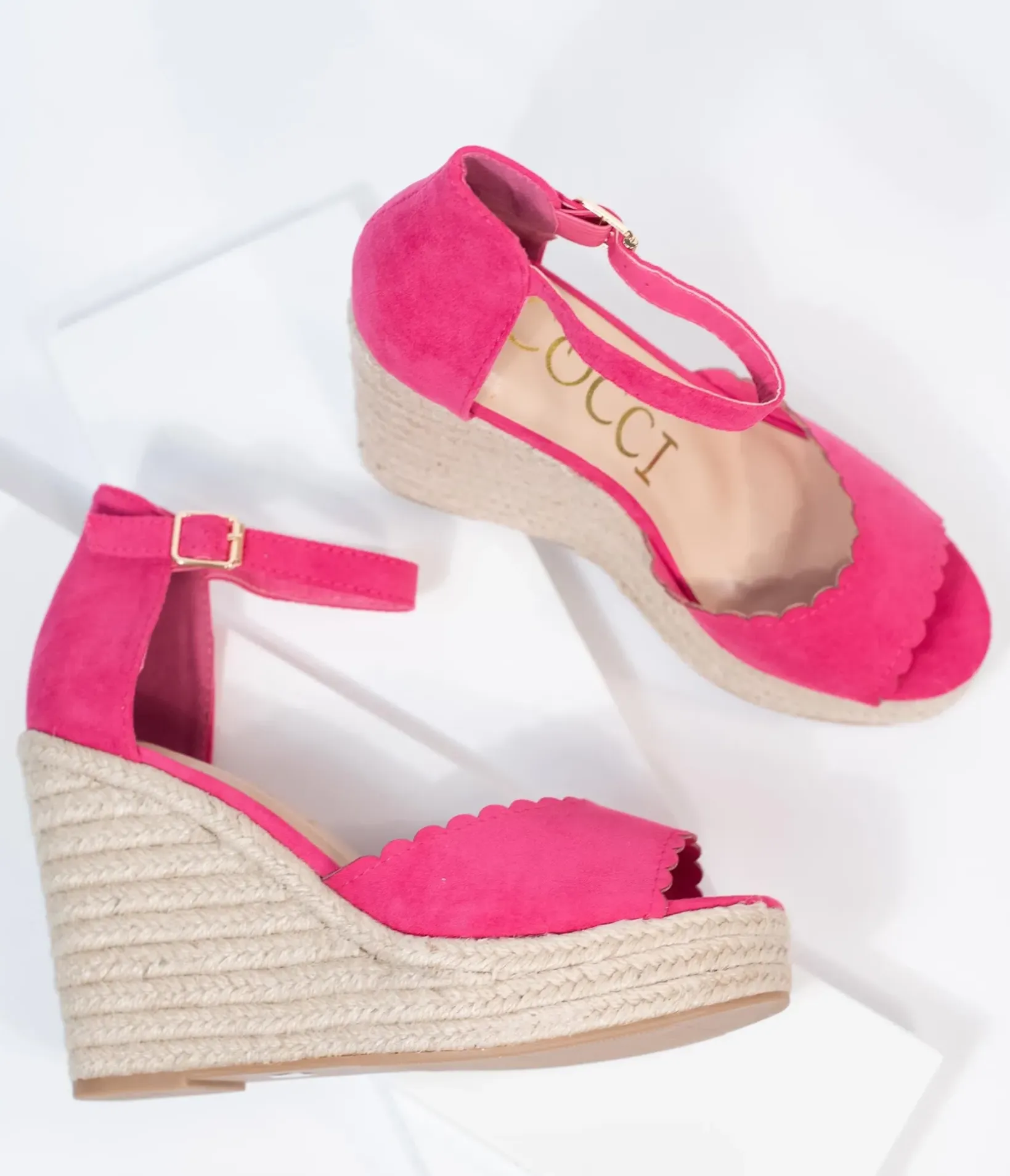 Unique Vintage Heels|Wedges>Fuchsia Suede Peep Toe Espadrille Wedges