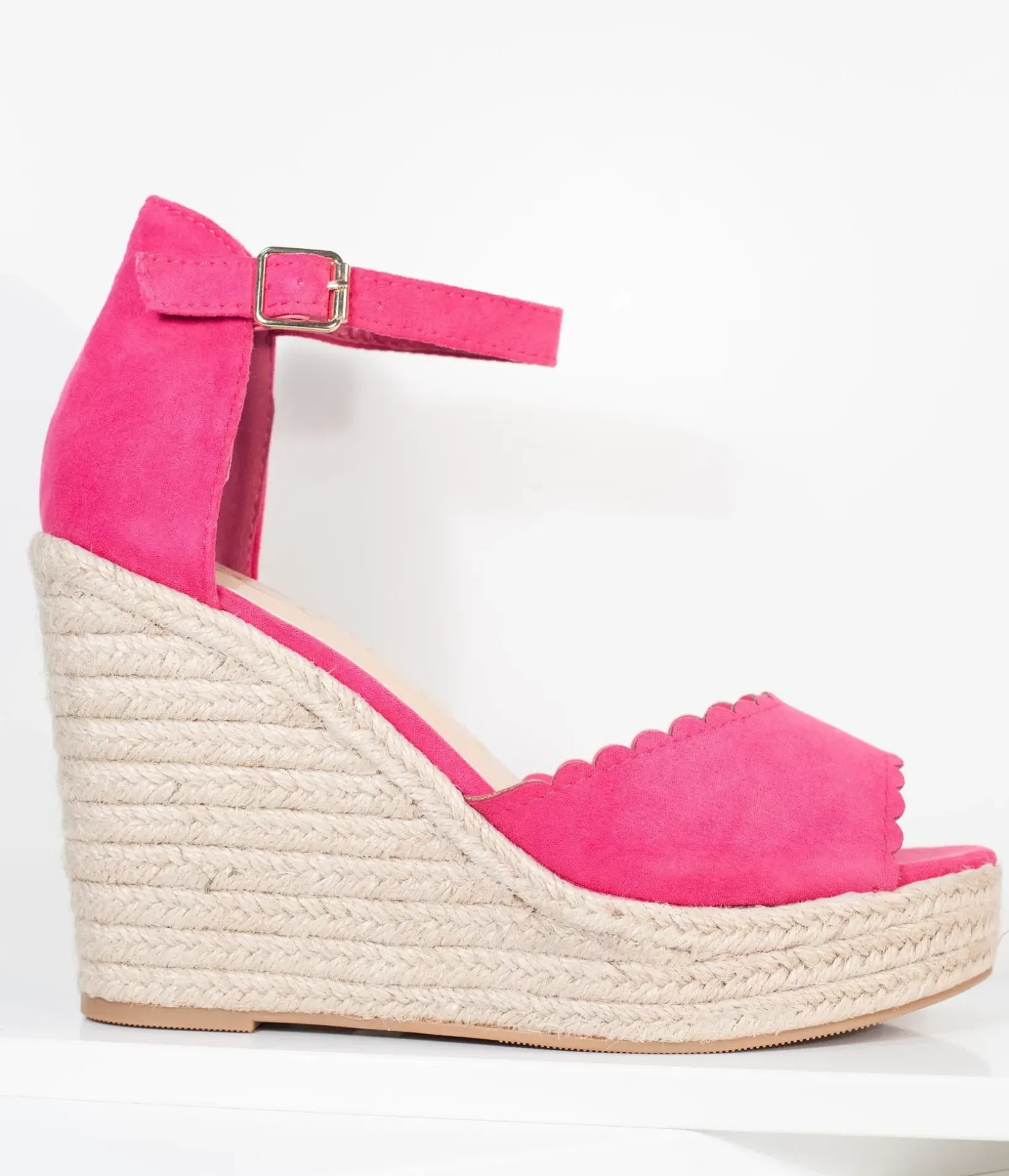 Unique Vintage Heels|Wedges>Fuchsia Suede Peep Toe Espadrille Wedges