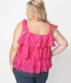 Unique Vintage Blouses>Fuchsia Tiered Eyelet Blouse