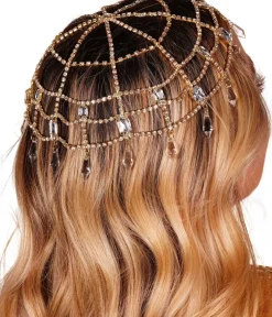 Unique Vintage Special Occasion|Prom Accessories>Gold & Clear Rhinestone Cap Headpiece