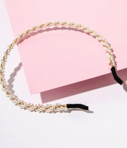 Unique Vintage Special Occasion|Prom Accessories>Gold & Faux Pearl Twisted Vine Thin Headband