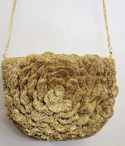 Unique Vintage Novelty Bags>Gold Flower Beaded Crossbody Bag