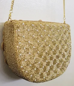 Unique Vintage Novelty Bags>Gold Flower Beaded Crossbody Bag
