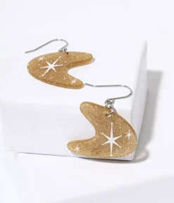 Unique Vintage Earrings>Gold Glitter Atomic Boomerang Dangle Earrings