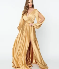 Unique Vintage Special Occasion|Prom Dresses>Gold Satin Long Sleeve Goddess Gown