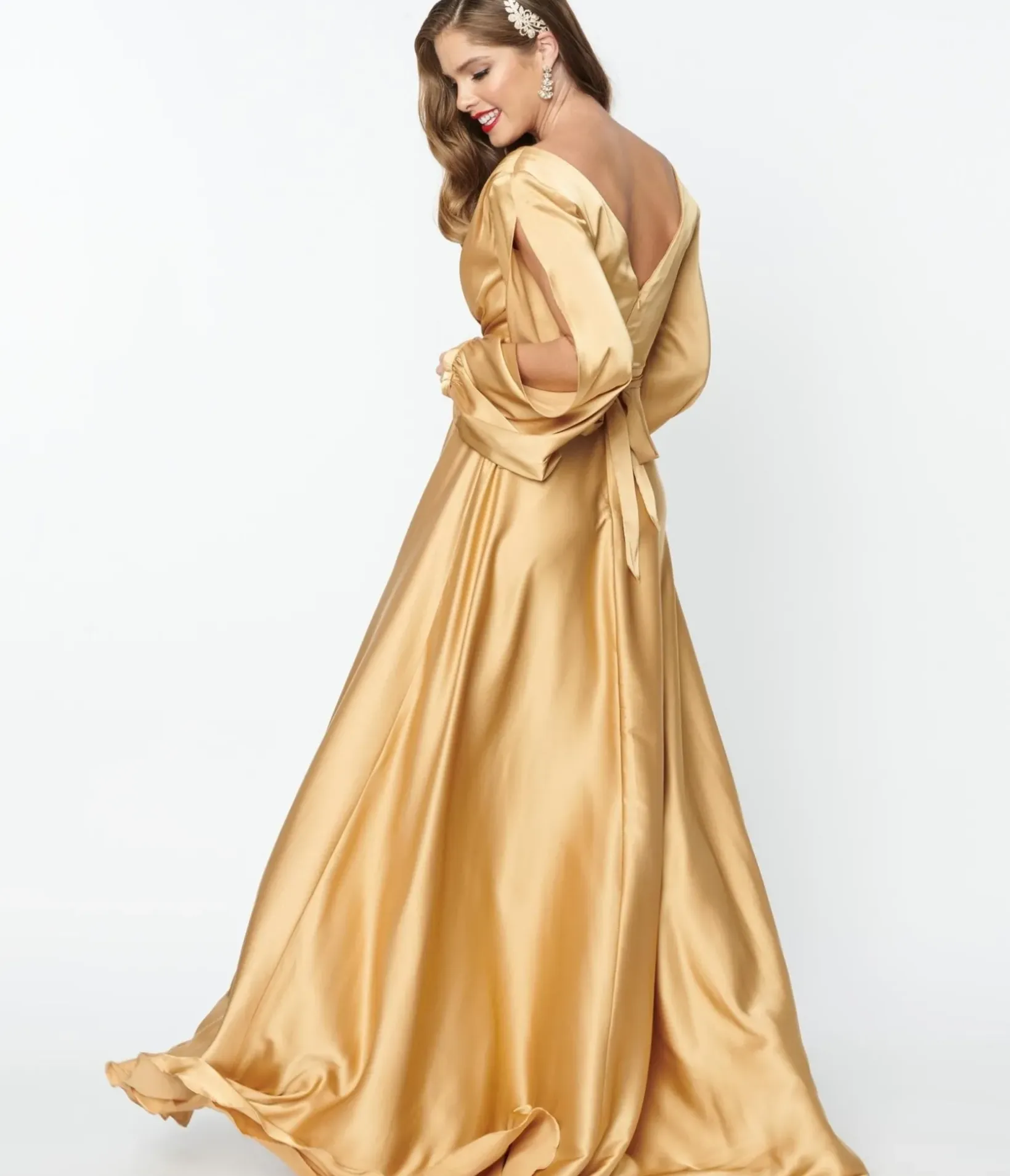 Unique Vintage Special Occasion|Prom Dresses>Gold Satin Long Sleeve Goddess Gown