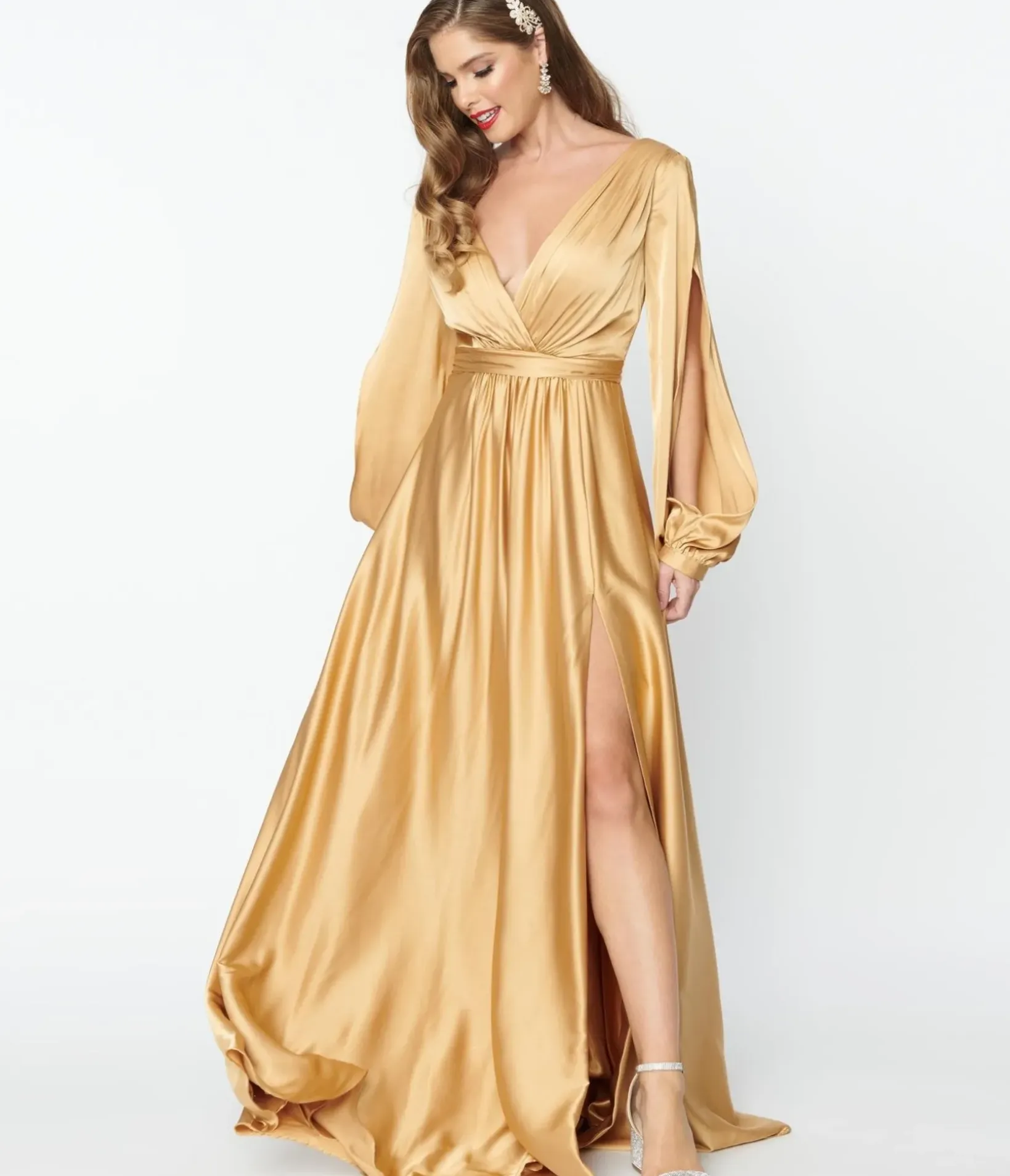 Unique Vintage Special Occasion|Prom Dresses>Gold Satin Long Sleeve Goddess Gown